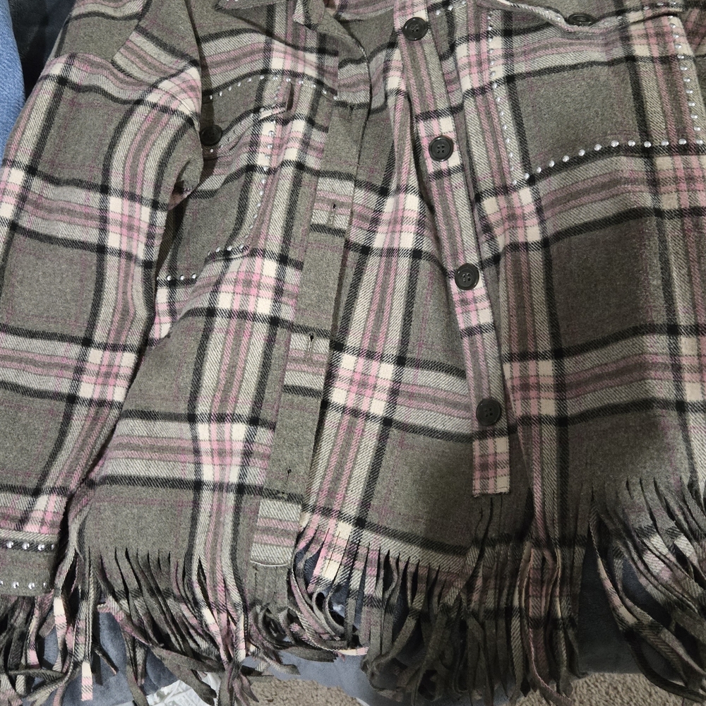 Zara Gray and Pink Plaid Jacket/shacket Fringe